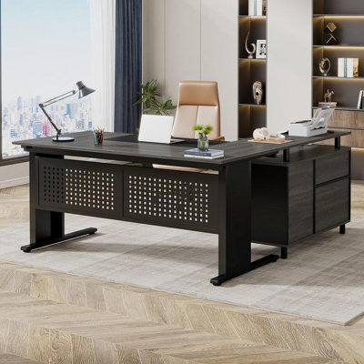 63" L-Shaped Executive Desk with File Cabinet, Large Modern Office Desk with Drawers, Shelves & Storage, Corner Computer Workstation for Home Office,