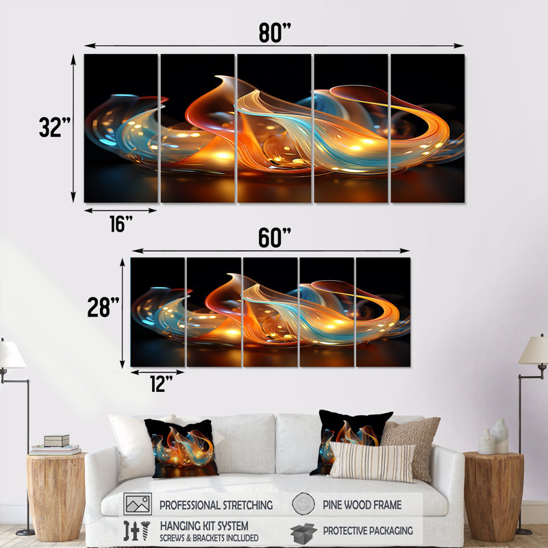 Feu, vagues d'eau bleues et orange - Toile d'art abstrait 5 pièces, H 32 po x l 80 po