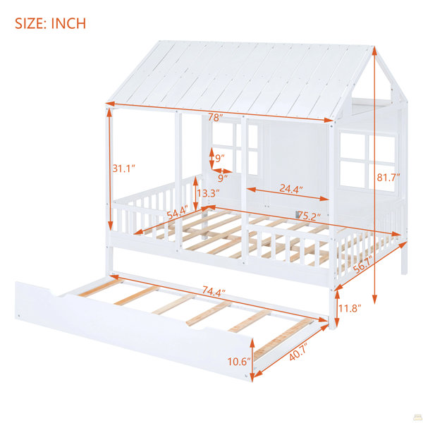 Gracie Oaks Twin Size Wood House Bed With Twin Size Trundle, Wooden ...