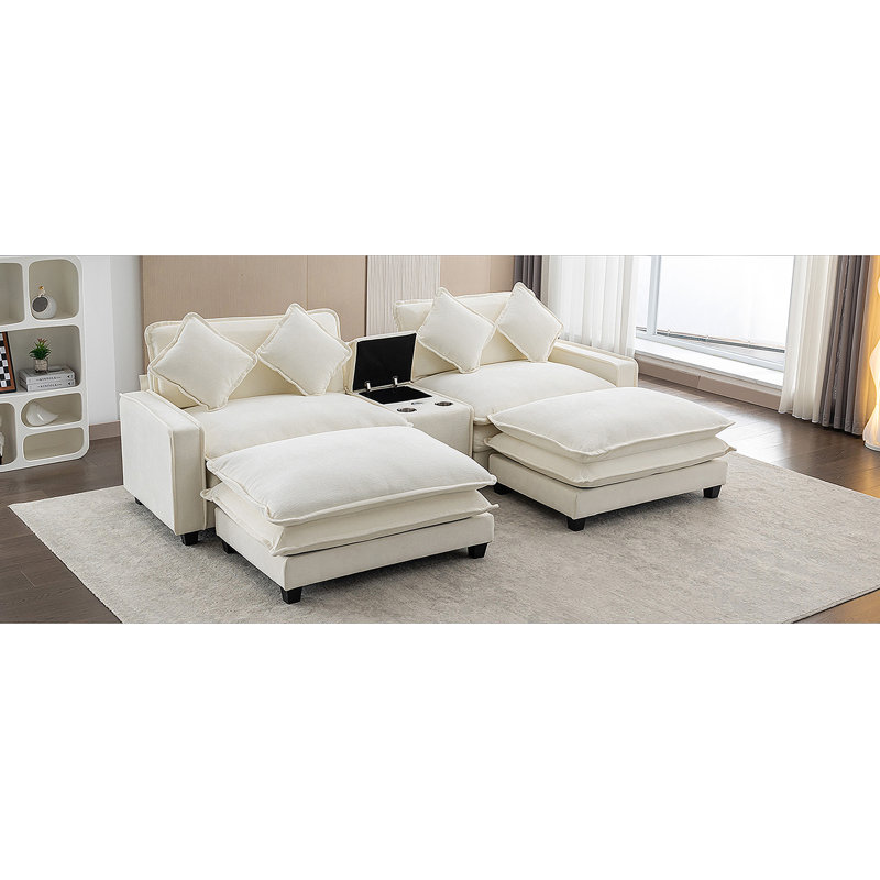 Canapé modulaire en chenille de 111 po avec deux repose-pieds amovibles, deux ports USB, deux porte-gobelets et une grande boîte de rangement pour le salon, beige