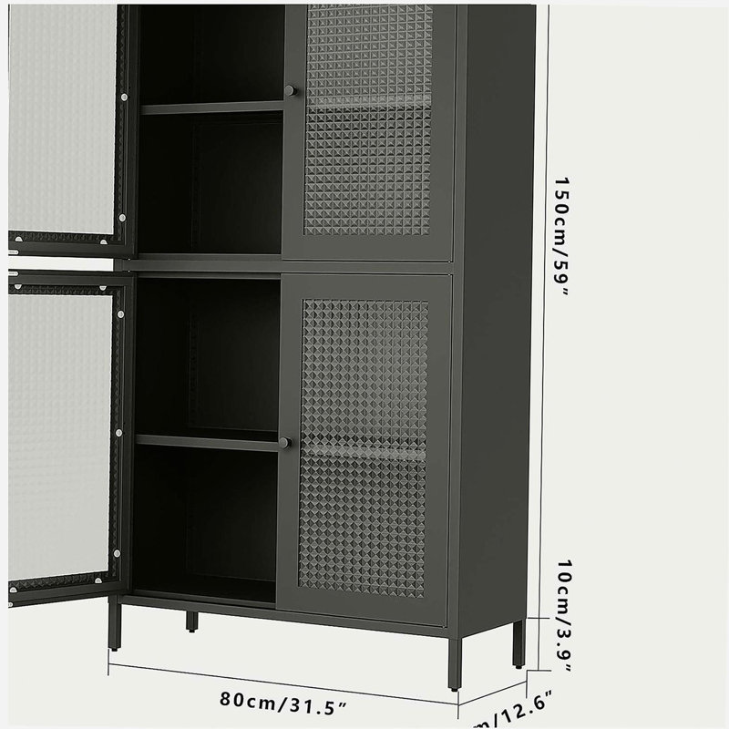 Armoire de rangement classique en métal avec 4 portes en verre et 4 tablettes