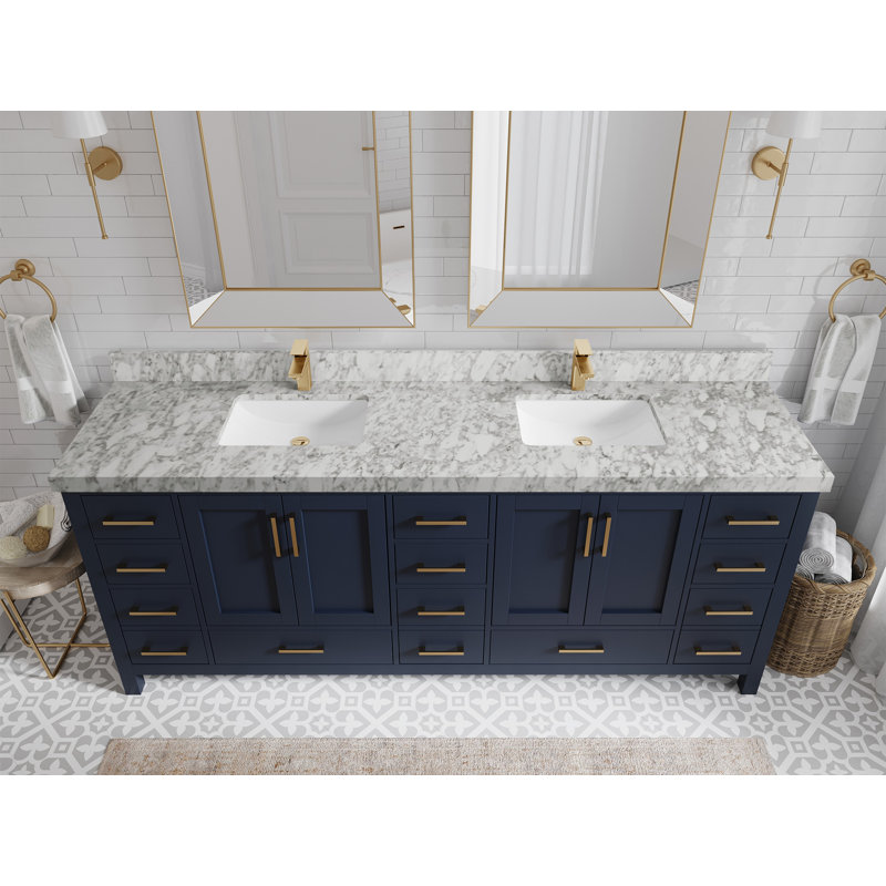 Malibu 84'' Double Bathroom Vanity with Quartz Top, Carrara Marble