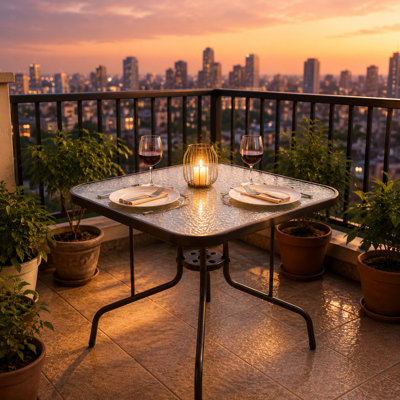 Table bistro extérieure en acier brun 35 po L avec plateau en verre trempé et trou pour parasol pour terrasse et terrasse