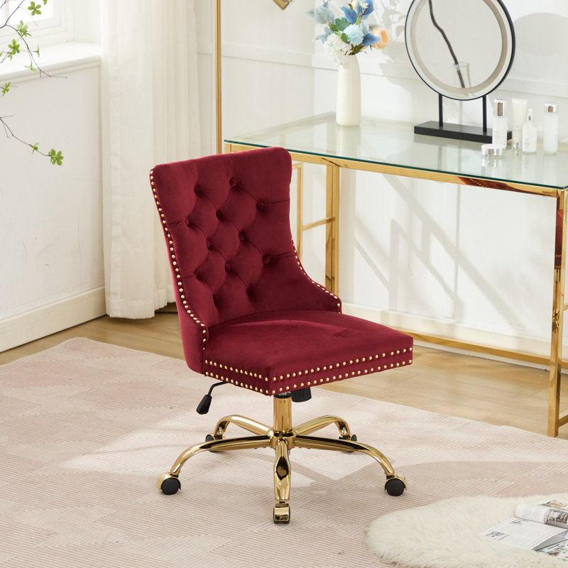 Chaise de bureau capitonnée en velours capitonnée avec base en métal, Rouge vin, Gold