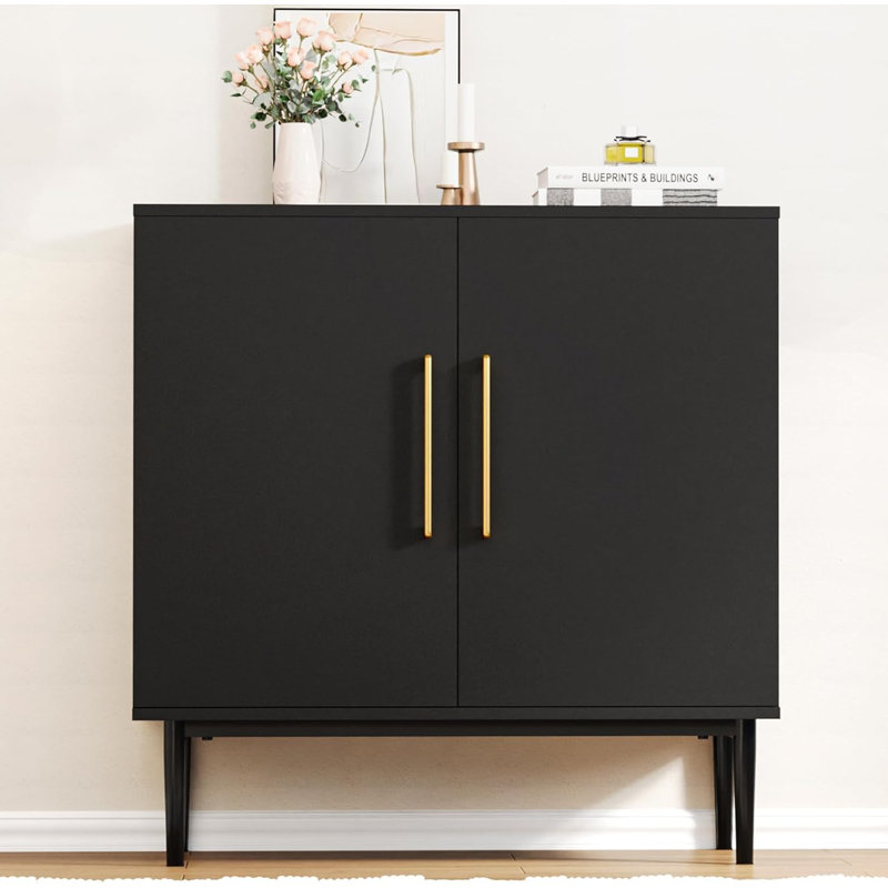 Black Modern Storage Cabinet with Metal Base and Doors