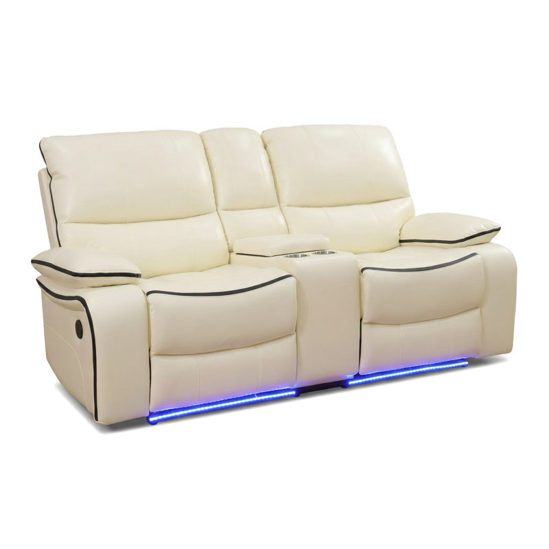 Causeuse inclinable électrique intelligente - Cuir reconstitué blanc cassé, charge USB, lumières DEL, rangement et porte-gobelets, cadre en bois massif durable pour le salon