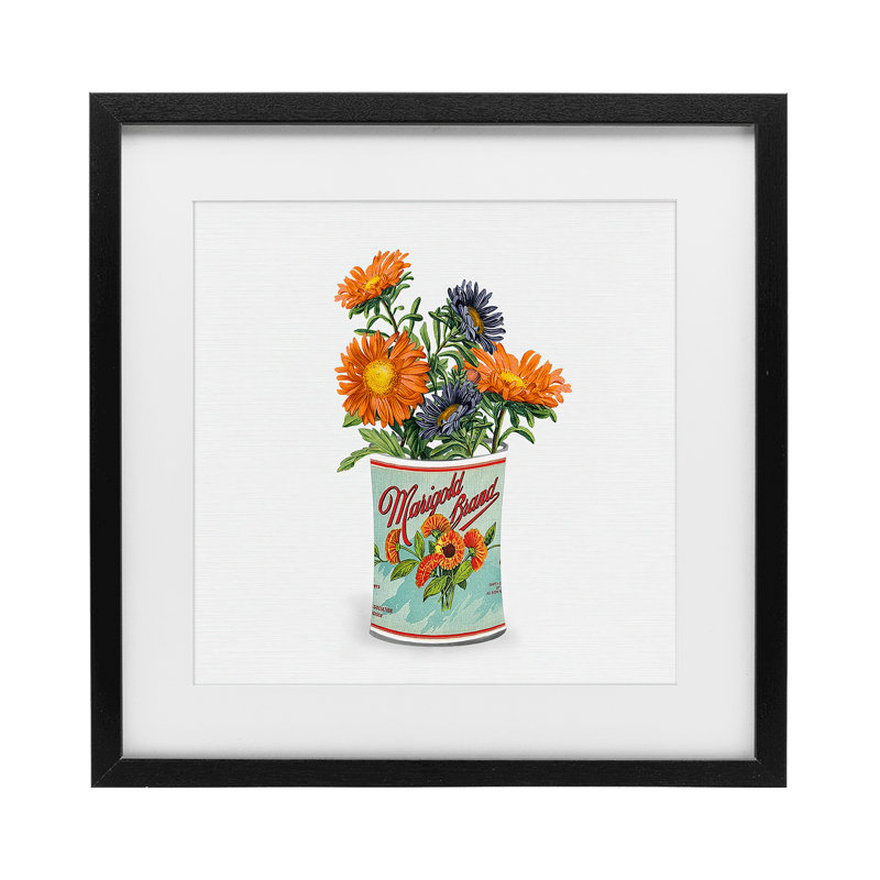 «Nostalgic Marigold Tin Bouquet», reproduction encadrée sous verre, design par Val Rhodes, 13 x 13