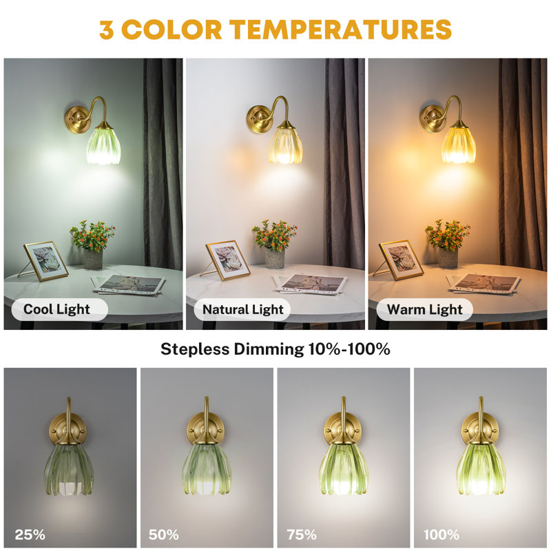 Battery Operated Wall Sconce Set Of 2, Vintage Green Tulip Glass Lampshade With 5000 Mah Rechargeable Wall Sconces, Battery Powered Wall Lights Dimmable With Remote Control For Bedroom