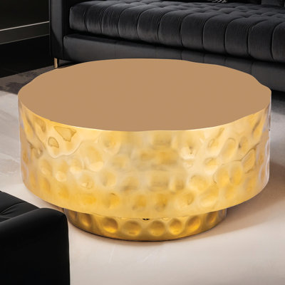 Gold Coffee Table Made Of Stainless Steel, Modern Design, Hand - Hammered Texture, Round Freestanding For Interiors Steel In Style, Look, Open Storage, Suitable Living Space