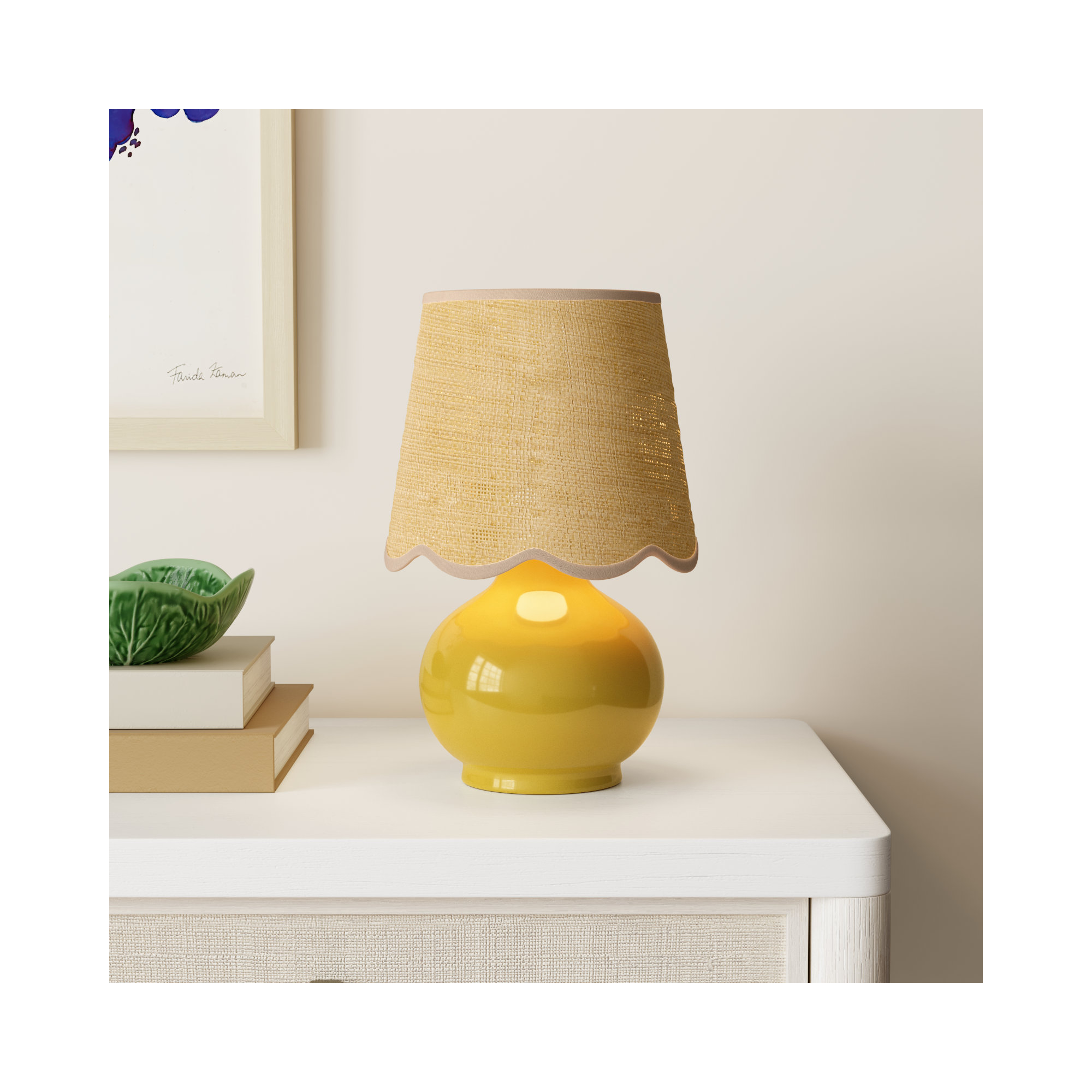 Momsen Scallop Shade Lamp, Natural, Yellow, 13"" H x 8"" W x 8"" D