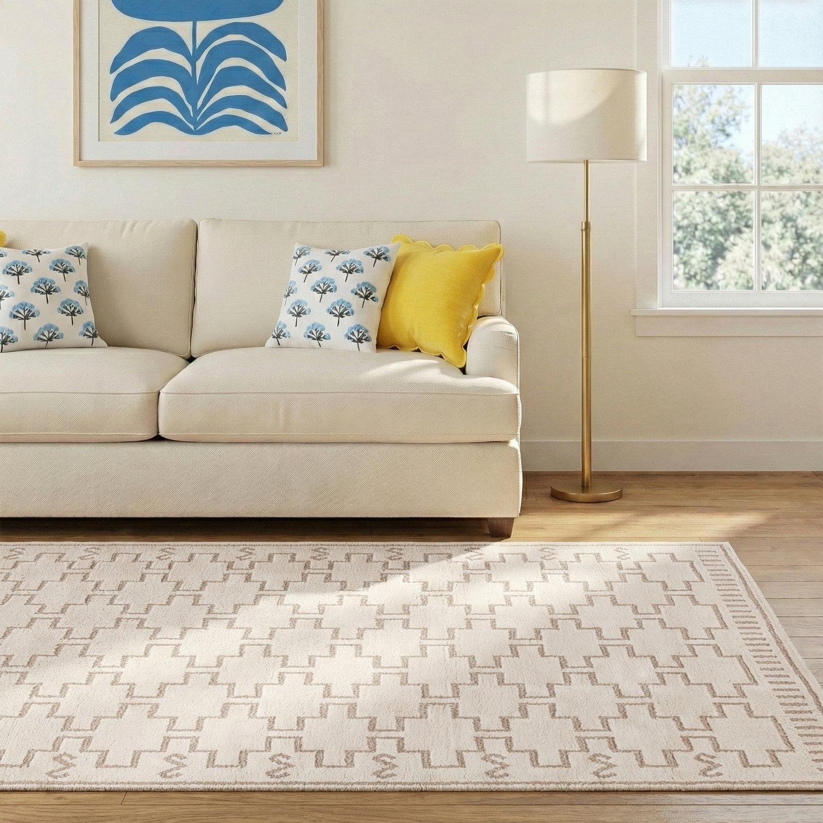Meret Ivory Beige Trellis Rug, Rectangle 5' x 7'