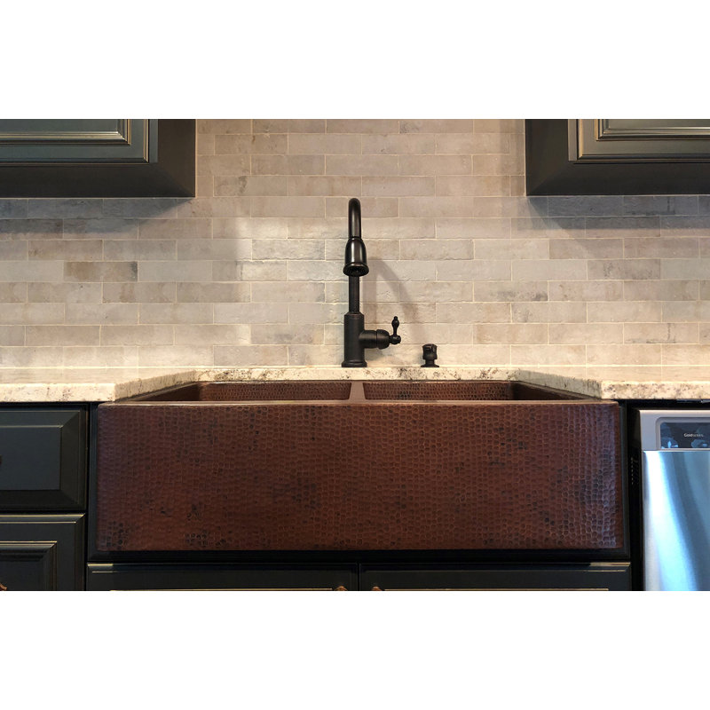 33" Hammered Copper Kitchen Apron 50/50 Double Basin Sink with Matching Drains, and Accessories
