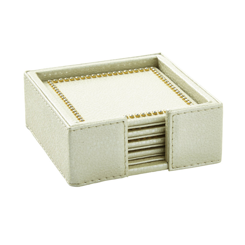 Shagreen Coaster Set in Holder with Crystals, Set of 4, Ivory