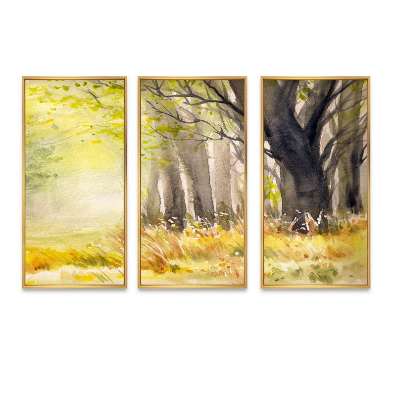 «Bright Sunshine Through The Forest Trees II», peinture sur toile flottante 3 pièces, H 32 po x l 48 po x P 1 po, Cadre doré