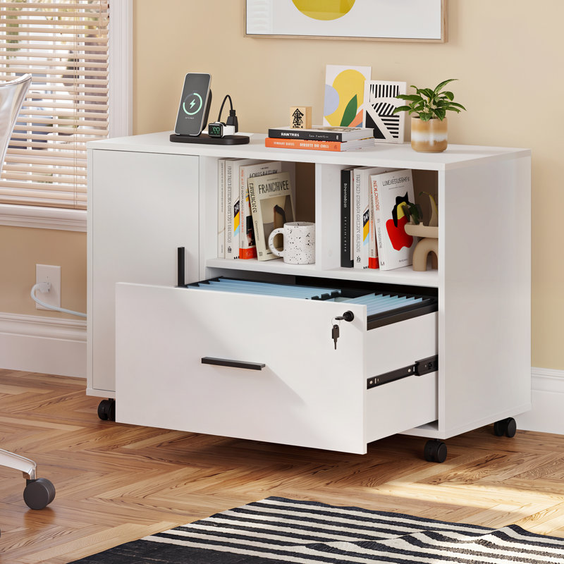 Cambrie 36.6'' Wide Mobile Wood File Cabinet with Shelves and Charging Station, Locking Filing Cabinet, Home Office Filing Cabinets, Full-Extension Filing Drawer & 360° Lockable Casters – Fits Letter/A4