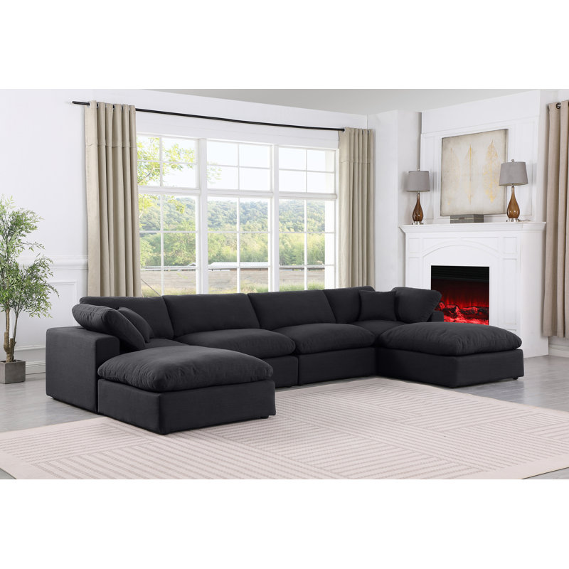 Canapé modulaire 6 pièces rembourré, Tissu texturé en lin noir