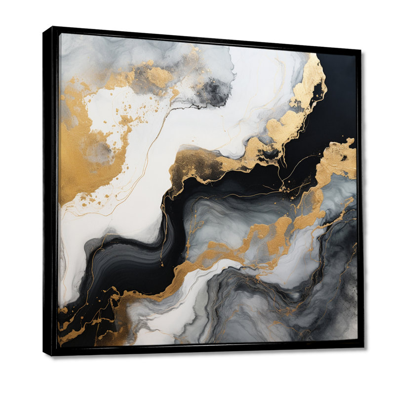«Glam Gold Flows» - art mural marbre, Toile avec cadre flottant noir, H 30 po x l 30 po x P 1 po
