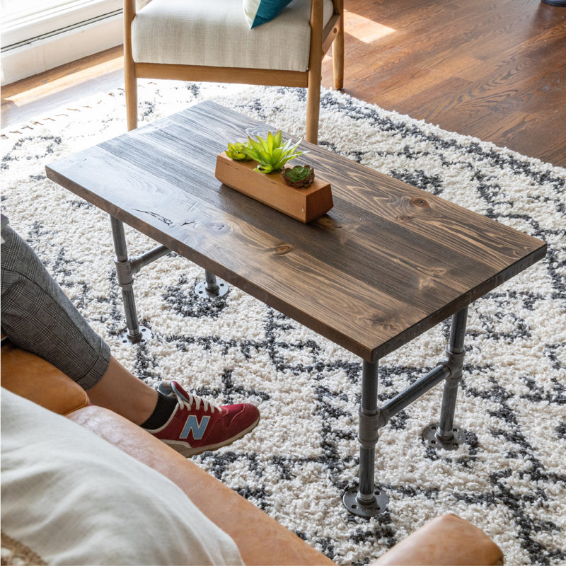 Wood Coffee Table With Industrial Steel Pipe Leg 18 In. X 36 In. X 17.75 In., Trail Brown