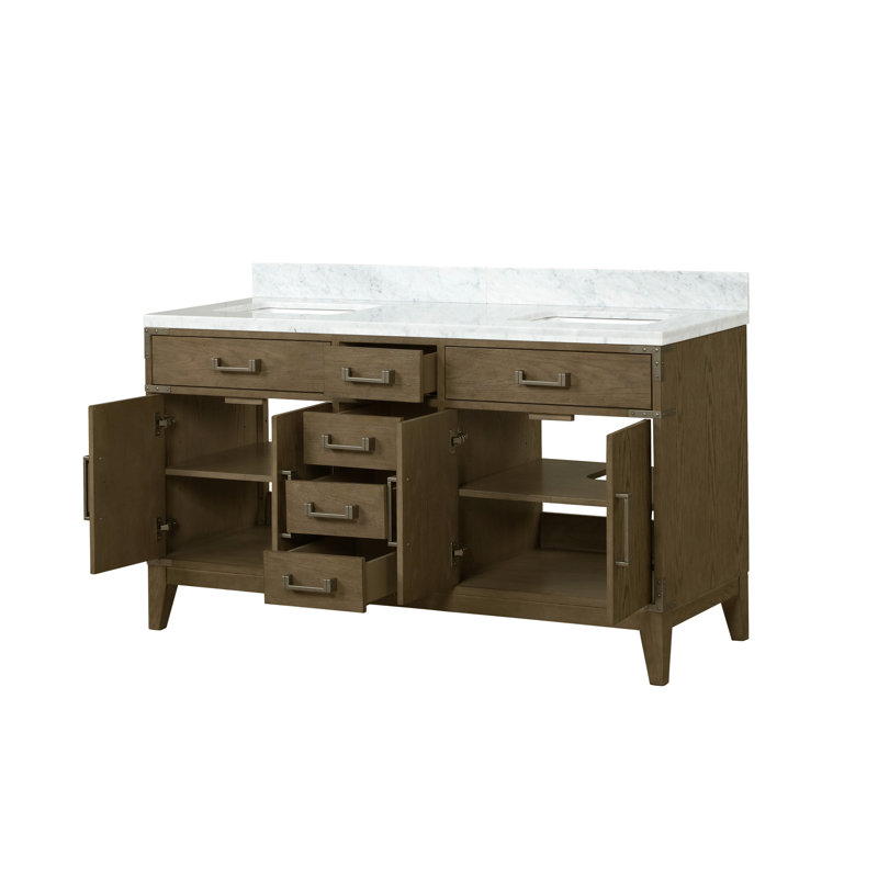 Ensemble de meuble-lavabo double 60 po L, mécanisme de fermeture en douceur, plateau en bois massif, cadre, fonction de fermeture