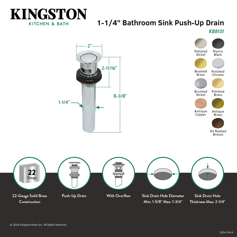 Kingston Brass Trimscape Brass Push Pop-Up Bathroom Sink Drain with Overflow, 22 Gauge, Polished Chrome