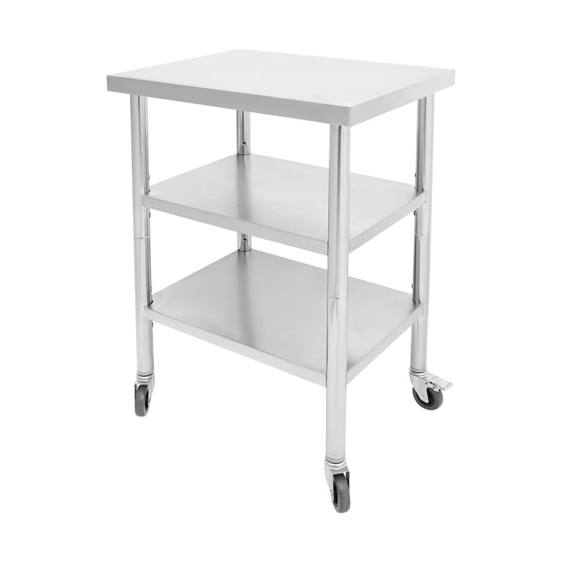 Table de travail en acier inoxydable, table de travail à 3 niveaux avec roulettes (18 (P) x 24 (l) x 35 po (H))