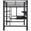 Lit mezzanine double poste de travail complet en noir, avec échelles, garde-corps et espace de travail spacieux pour lit de productivité, finition noire, plateau de rangement pour clavier