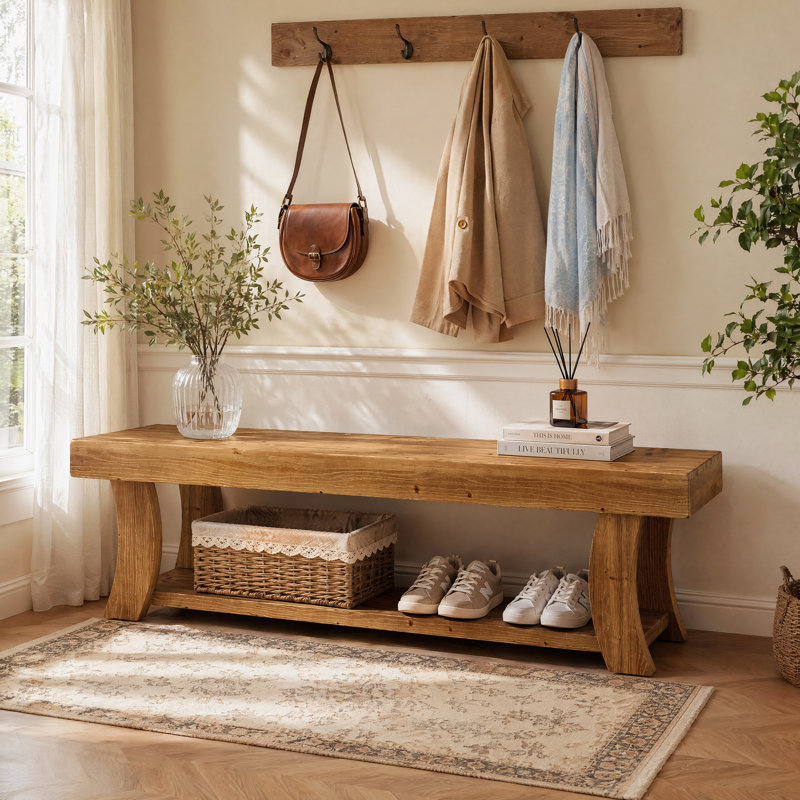 Banc de 63 po en bois massif avec rangement ouvert