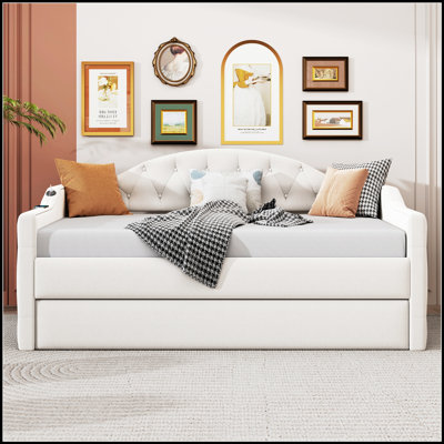 Tufted Upholstered Daybed with Trundle, USB and Type-C Charging Ports, Perfect for Modern Living and Guest Accommodation