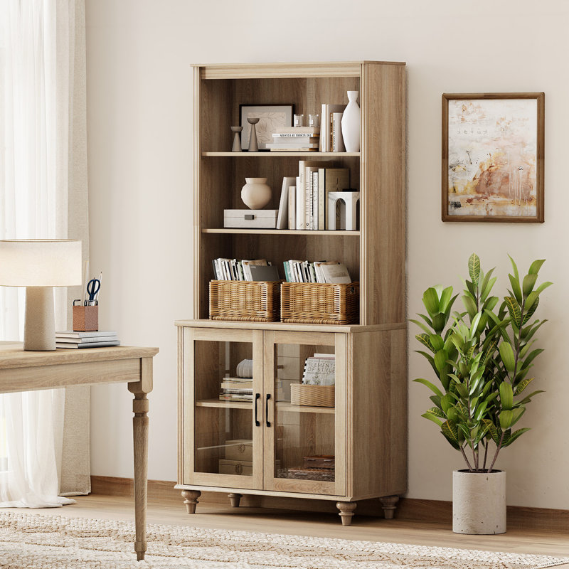 Corretta 72.1"H X 33.9"W Flesh-Colored Bookcase With Doors, 5 Tier Bookshelf, 72'' Tall Book Case Shelf With Glass Storage Cabinets, Large Bookcases Farmhouse Bookshelves For Living Room Bedroom Home Office Kitchen, 34''