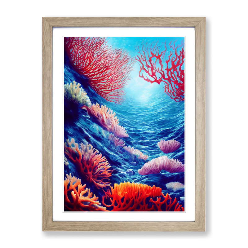 Colourful Coral Reef No.2 - Wall Art, 36cm H x 27cm W x 2cm D, Oak Framed, White