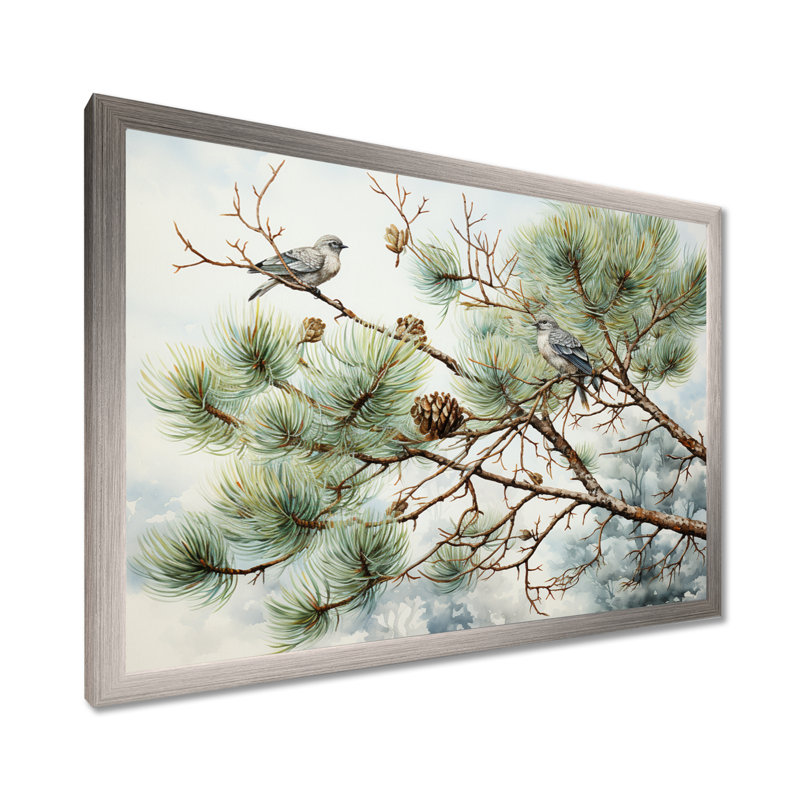 Oiseau sur pin I - Art mural pin, H 16 po x l 32 po x P 1 po, Cadre simple argenté