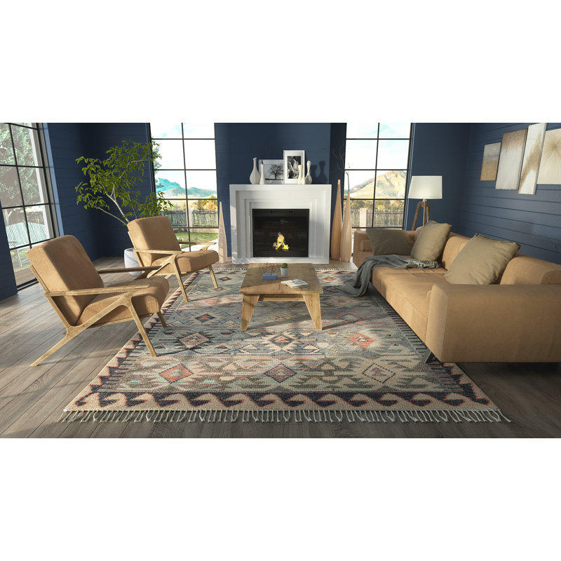 Pifer Amabelle Southwestern Hand-Knotted Wool Blue/Brown/Beige Area Rug, Rectangle 8' X 11'