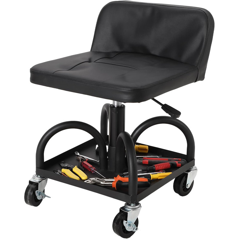 Garage Stool, 18”-23” Adjustable Rolling Mechanic Stool with Universal Wheels, Removable Magnetic Tool Tray, 300LBS Capacity, Roller Creeper Seat, Shop Chair