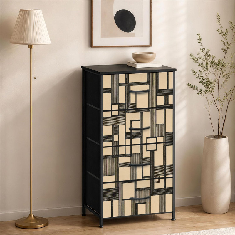 Commode à 4 tiroirs pour chambre à coucher avec lignes géométriques abstraites rectangles noirs et beige