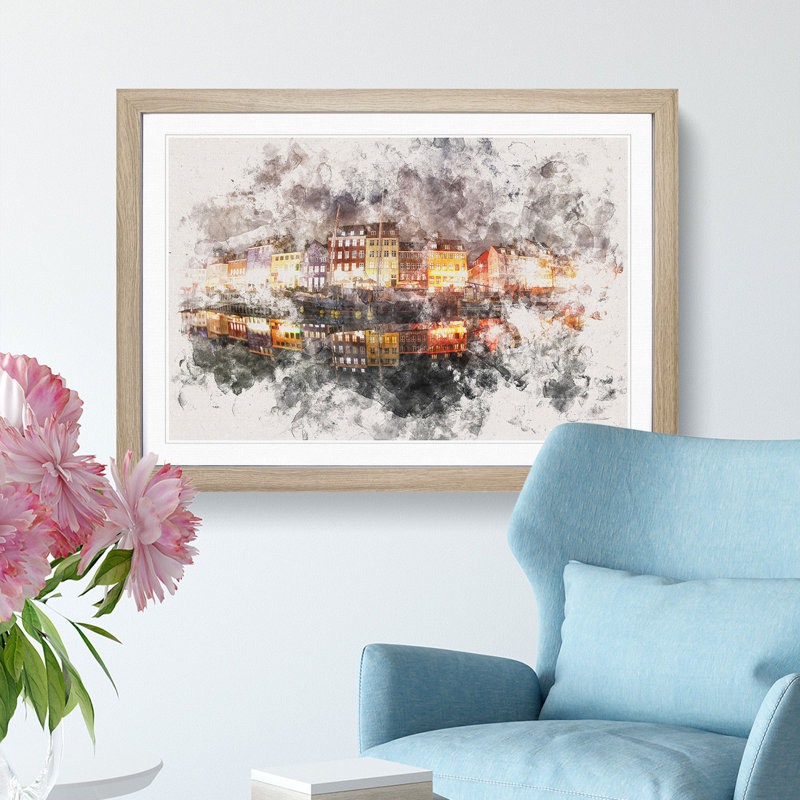 Nyhavn Canal in Denmark - Picture Frame Graphic Art Print, 45cm H x 63cm W x 2cm D, Oak Framed