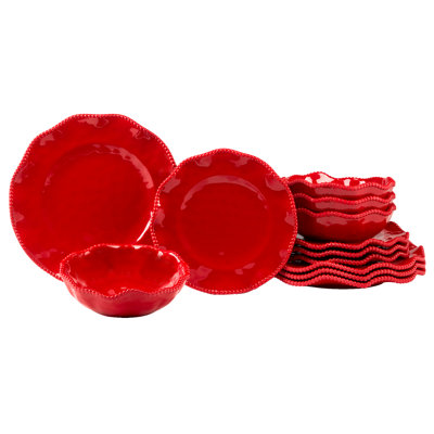 Perlette Red 12pc Melamine Dware Set 4-Dinner Plate 11" 4-Salad Plate 9" 4-Bowl 8.5" x 2"