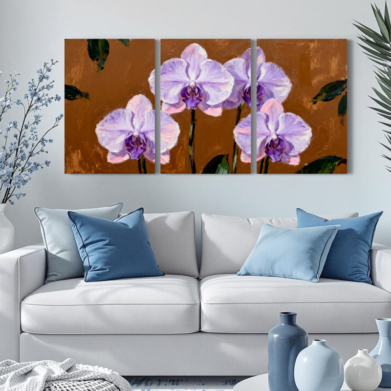 Tableau mural sur toile tendue à motif floral d'orchidée violette, décoration botanique moderne (lot de 3), H 36 po x l 72 po