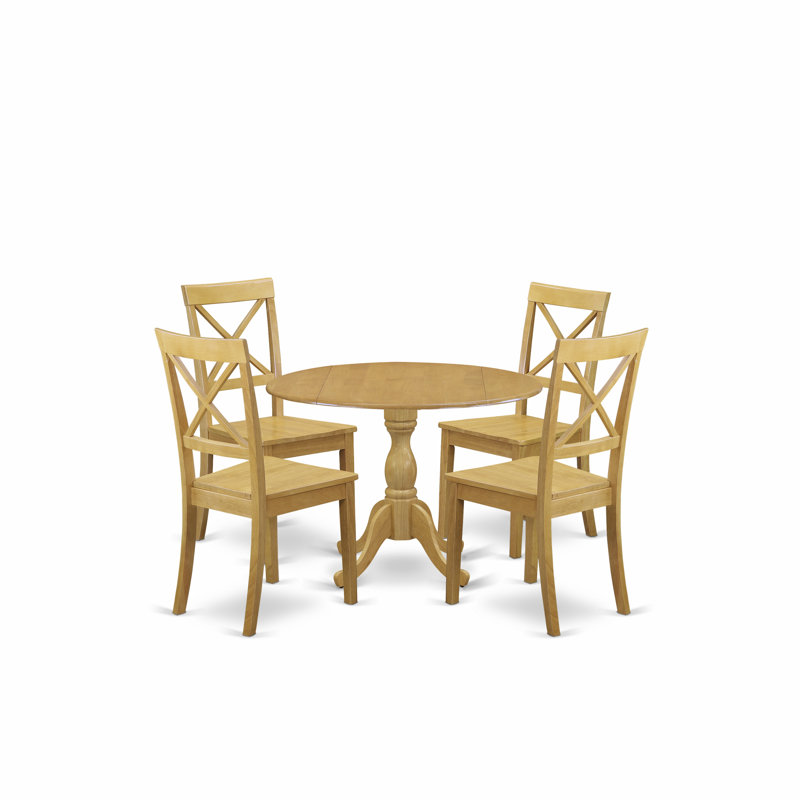 5 Piece Kitchen Table & Chairs Set Includes a Round Dining Table with Dropleaf and 4 Dining Room Chairs, 42x42 Inch, Oak