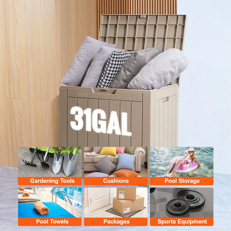 Outdoor Storage Box Resin Deck Box 31 Gallon Patio Waterproof Organizer