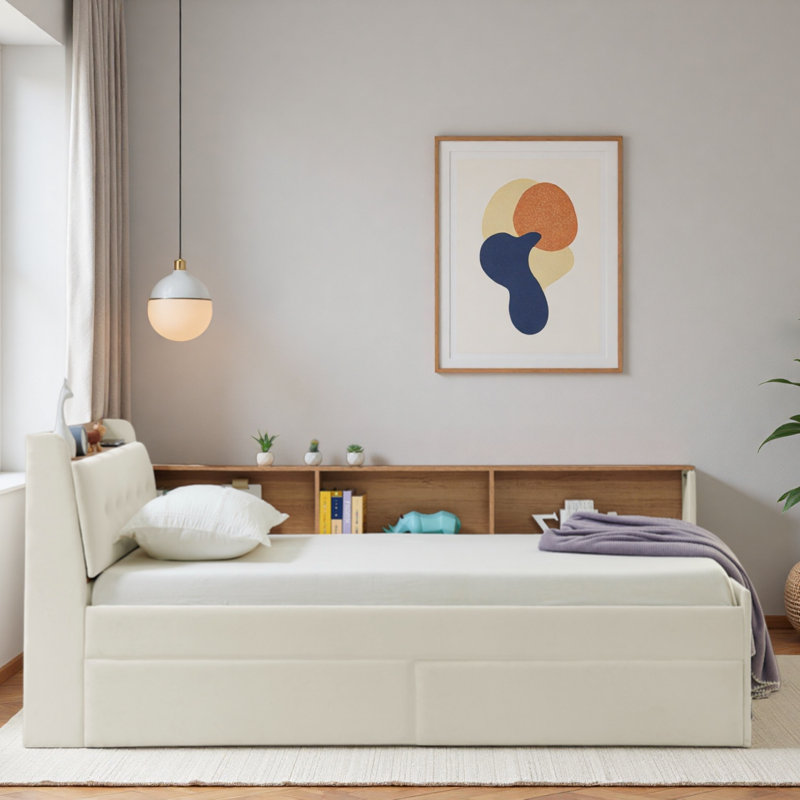 Lit de jour multifonctionnel avec tête de lit, chargement sans fil, 2 tiroirs de rangement et lumières à DEL, Beige