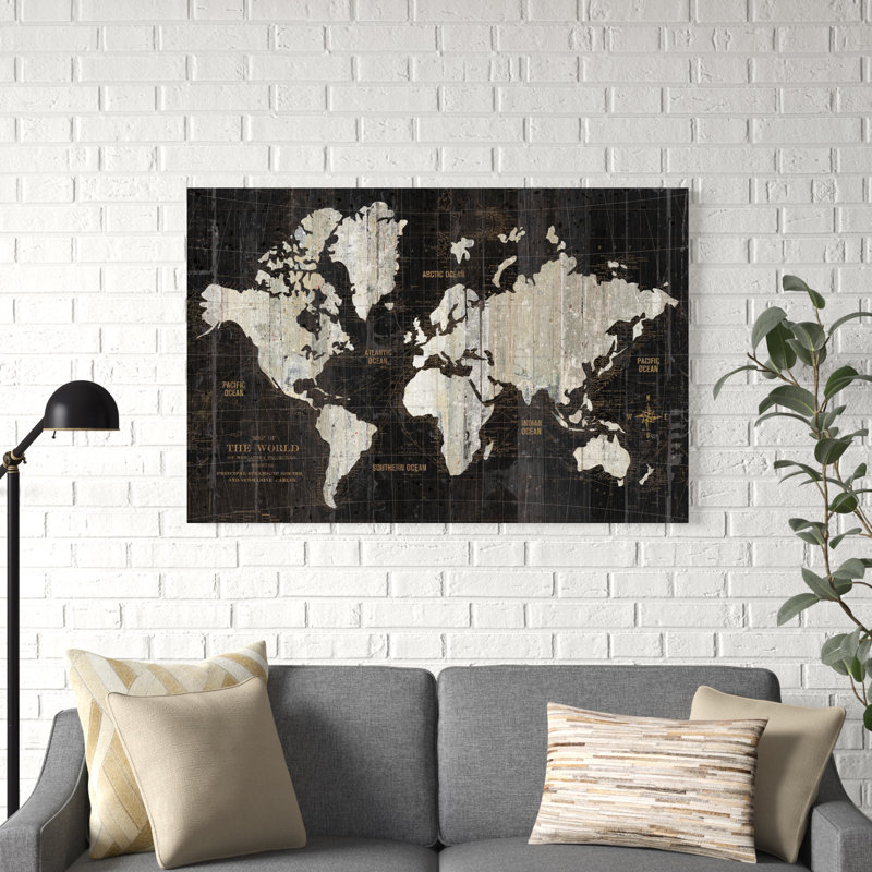 Carte du vieux monde - noir, H 32 po x l 48 po, Blanc, Impression avec cadre érable