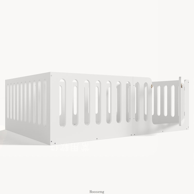 Lit double en bois massif Montessori avec clôture haute et porte d'accès, blanc, lit pour tout-petit, Double, Blanc clair