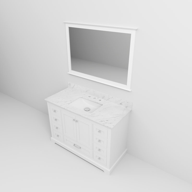 Dukes 48 in. W x 22 in. D Single Bath Vanity and 46 in. Mirror, White, White Carrara Marble