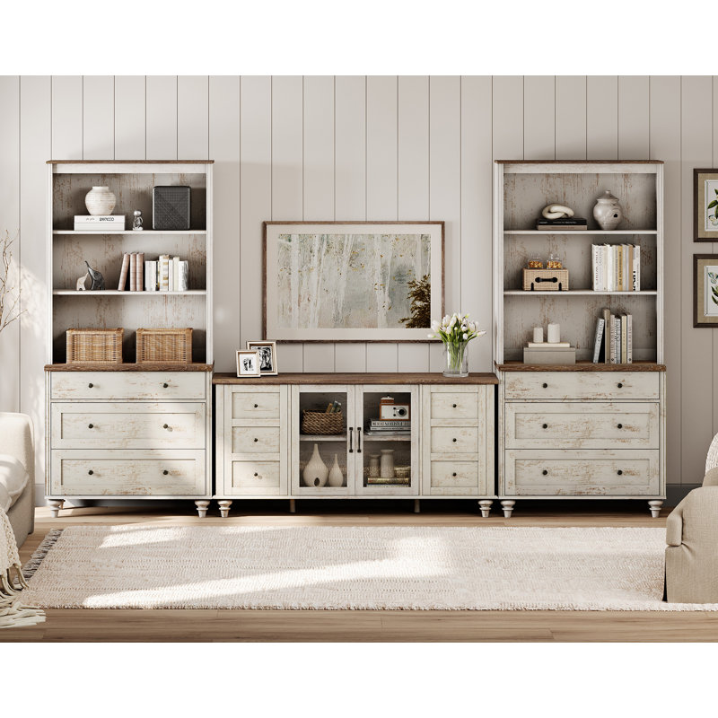 Entertainment Center With Bookshelves With Glass Doors& Drawer, Farmhouse Wall Unit TV Stand For Tvs Up To, Media Console Table For Living Room, Bedroom & Home Theater, Rustic White