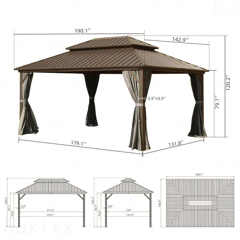 12X16FT Gazebo Aluminum, Mosquito Net For Party Use With Galvanized Steel Double Roof (Brown), Brown