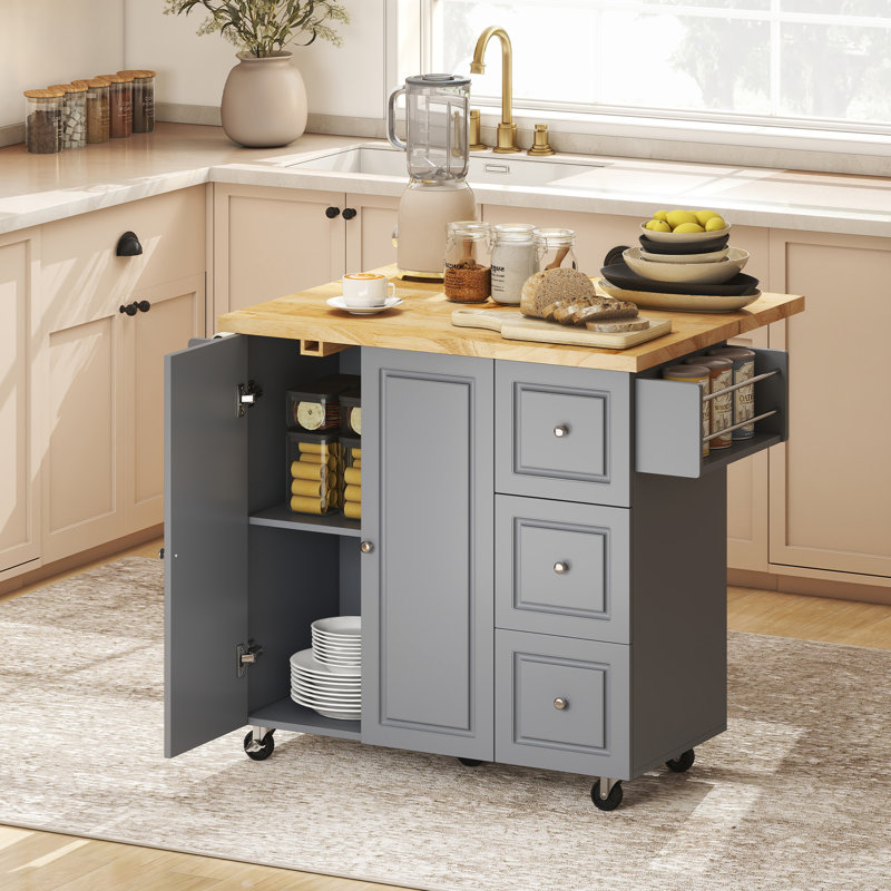 Solid Wood Top Kitchen Island, Grey
