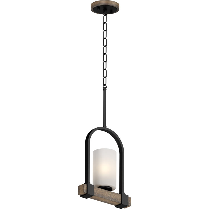 Licette 1-Light Indoor Walnut Hanging Mini Pendant with Etched White Cased Glass Cylinder Shade