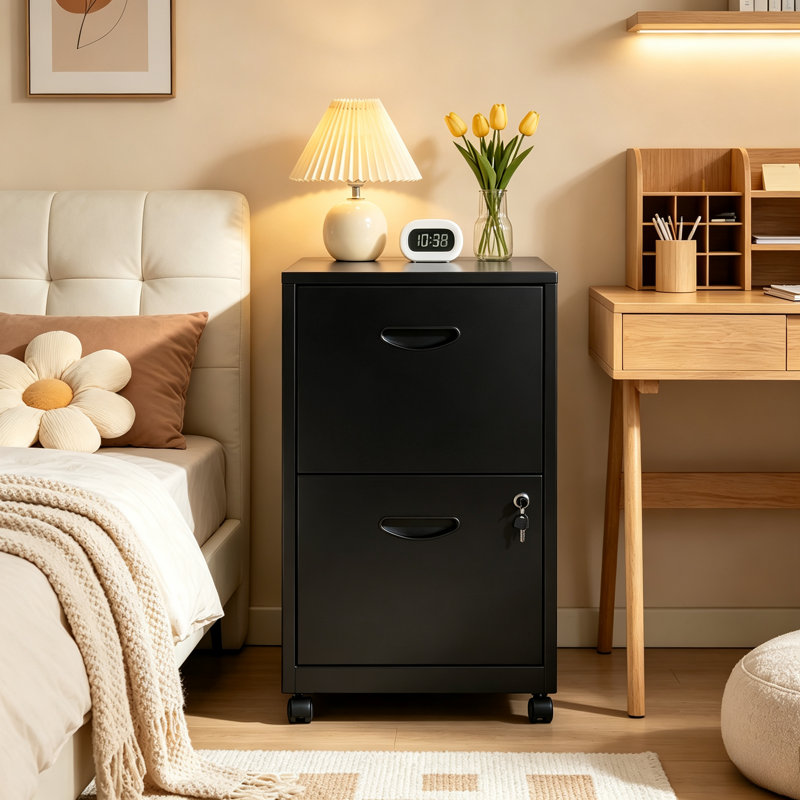 2 Drawer Rolling File Cabinet on Wheels, Black Mobile Two Drawer Filing Cabinet with Lock, Small Files Cabinets for Under Desk, Metal Filing Cabinets for Letter Size Folders