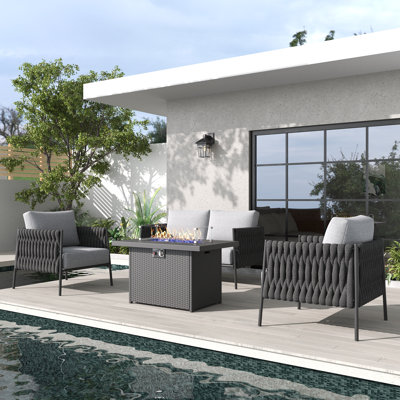4 Piece Outdoor Furniture Set with Fire Pit Table, Modern Rope Woven Patio Conversation Sofa Set with Olefin Braid and Deep Seating