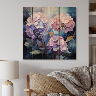 Blue Purple Hydrangea Hydrangea Whispers - Floral Print on Natural Pine Wood